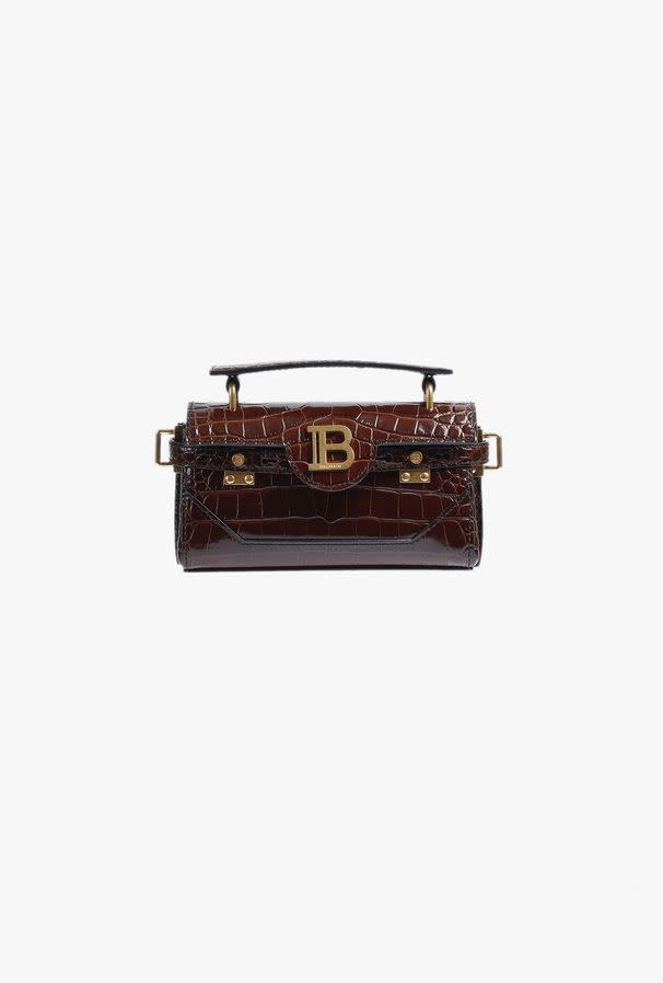 Sac B-Buzz 19 en cuir marron embossé crocodile Balmain