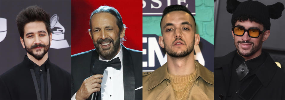 This combination of photos shows, from left, Colombian singer-songwriter Camilo, Dominican maestro Juan Luis Guerra, Spanish rapper C. Tangana and Puerto Rican rapper Bad Bunny, who received the most Latin Grammy nominations on Tuesday, Sept. 28. Camilo led the Latin Grammy Awards nominations with 10 nods, Guerra received six, C. Tangana earned five and Bad Bunny scored four. The 22nd Latin Grammy Awards will be held on Nov. 18. (AP Photo)