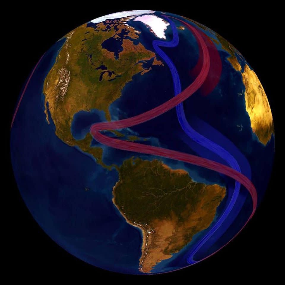 The global conveyor belt, shown in part here, circulates cool subsurface water and warm surface water throughout the world / Credit: NOAA
