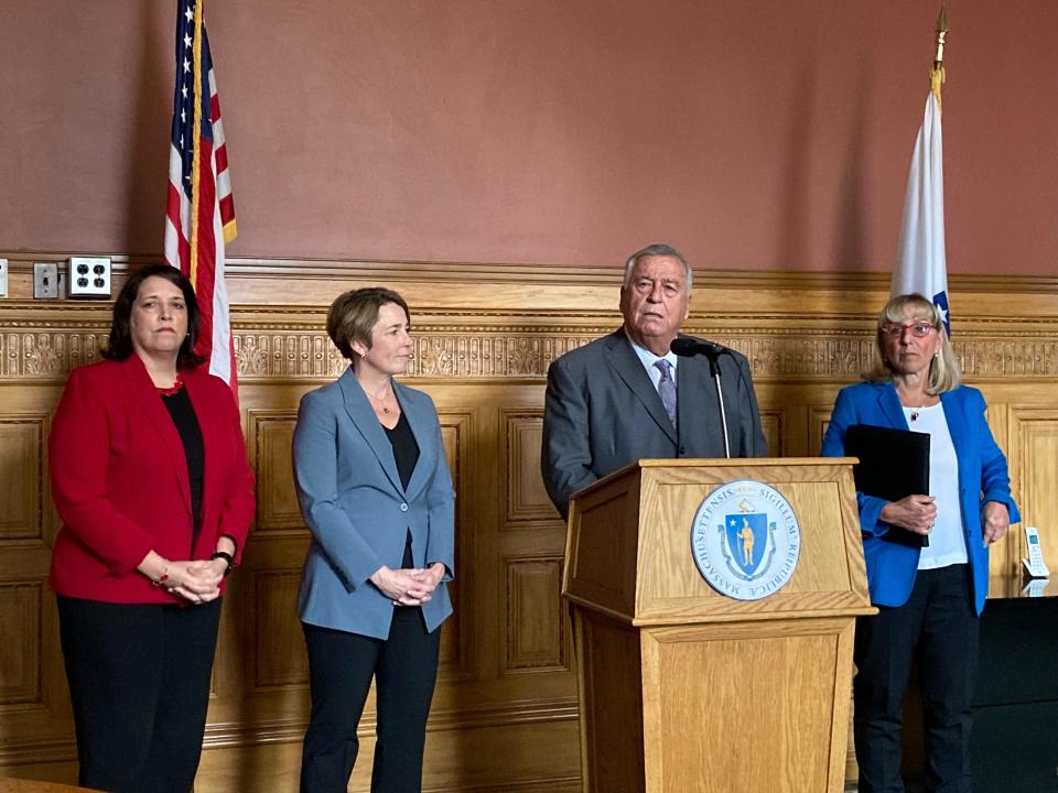 Gov. Maura Healey, second from left, with Lt. Gov. Kimberly Driscoll, left, House Speaker Ronald Mariano, D-Quincy, and Senate President Karen Spilka address Healey's supplemental budget during a Statehouse press conference in January.