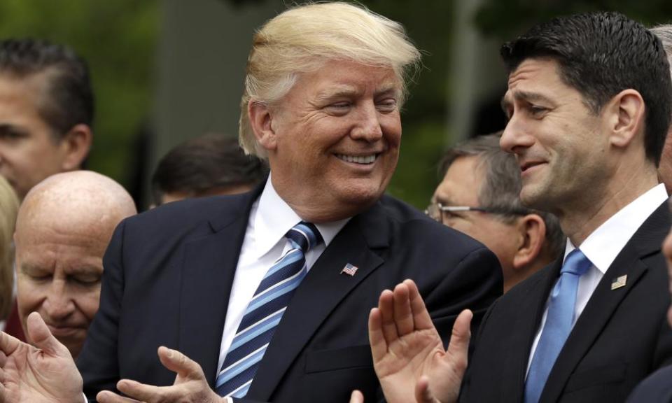 Donald Trump celebrates the House’s approval of a bill scrapping the Affordable Care Act with the speaker, Paul Ryan. The bill failed in the Senate.