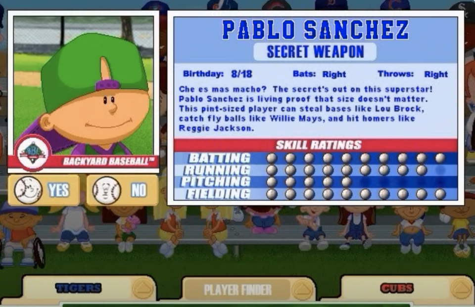 Character Pablo Sanchez from "Backyard Baseball" game with baseball stats on screen