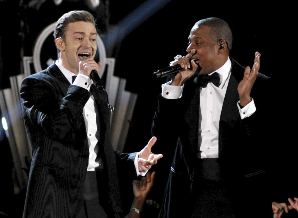 FILE - Justin Timberlake, left, and Jay-Z perform at the 55th annual Grammy Awards in Los Angeles on Feb. 10, 2013. (Photo by John Shearer/Invision/AP, File)