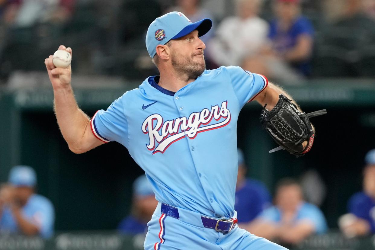 Max Scherzer made his 2024 debut against the Royals on Sunday.