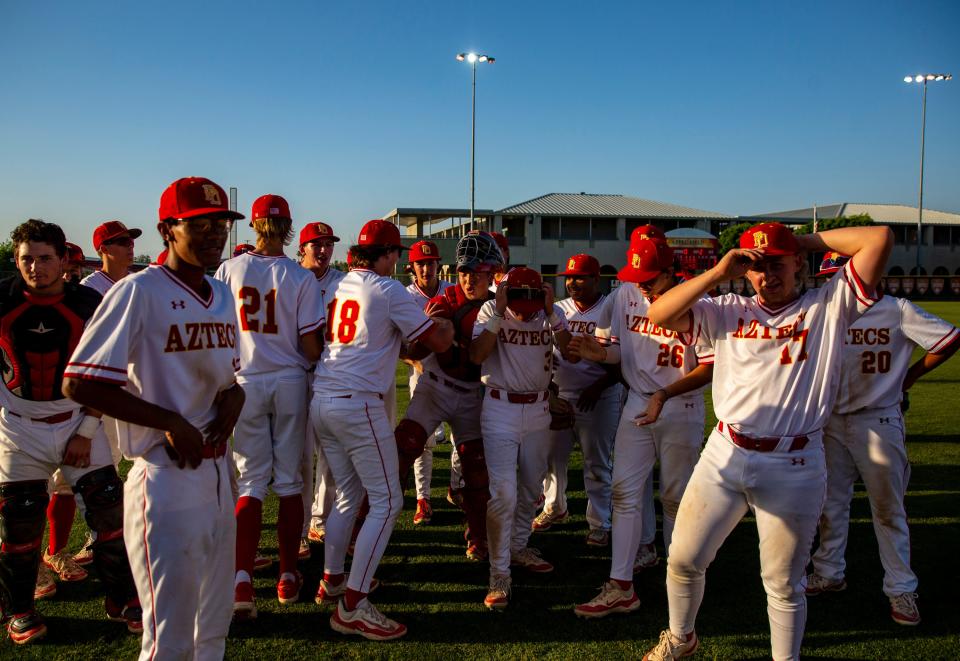 Palm Desert celebrate winning their second round CIF-SS Division 4 game in Palm Desert, Calif., Tuesday, May 7, 2024.