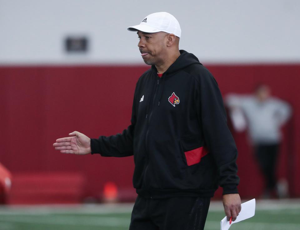 Louisville football WR coach Garrick McGee conducts spring practice at the Trager practice facility in Louisville, Ky. on Mar. 19, 2024