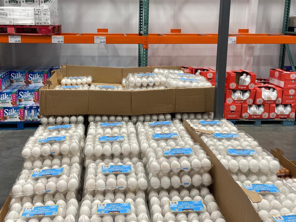 Clear plastic cartons of eggs in the refrigerated section at Costco. Cartons have blue labels on them