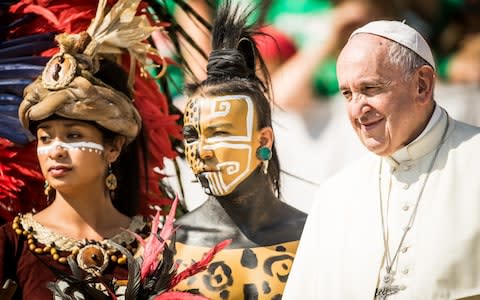 Pope Francis poses with native Mexican people during his weekly audience in St. Peter's Square on August 29, 2018 in the Vatican. - Credit: Giulio Origlia/Getty