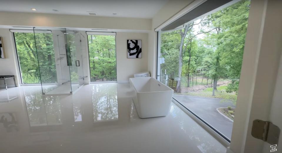 The bathroom area attached to the second-floor home gym in Aaron Rodgers' New Jersey home.