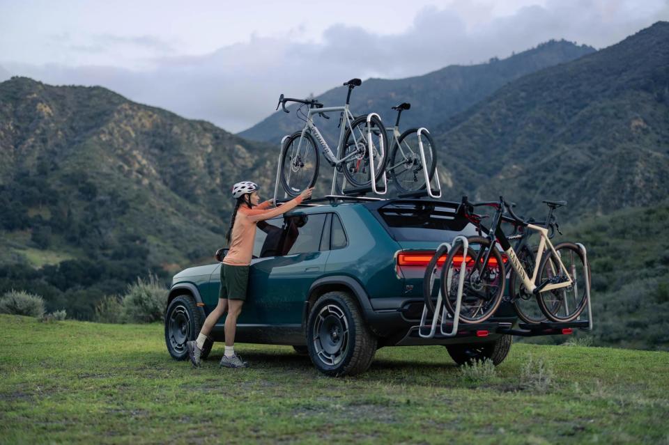 The Rivian R3X pictured with bike storage.