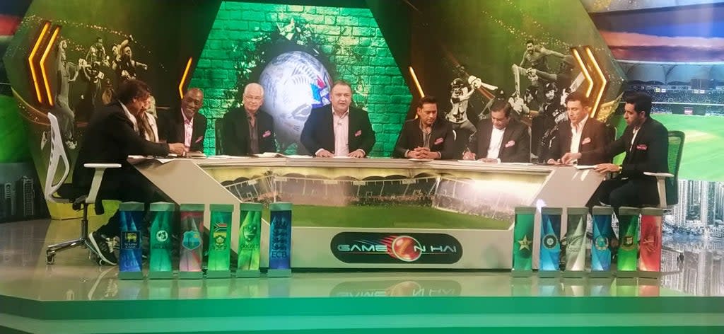 Shoaib Akhtar (extreme left) seen here sitting with the rest of a panel on state broadcaster PTV to discuss Pakistan’s win over New Zealand in the ongoing T20 World Cup (Twitter/@PTVSpOrts)