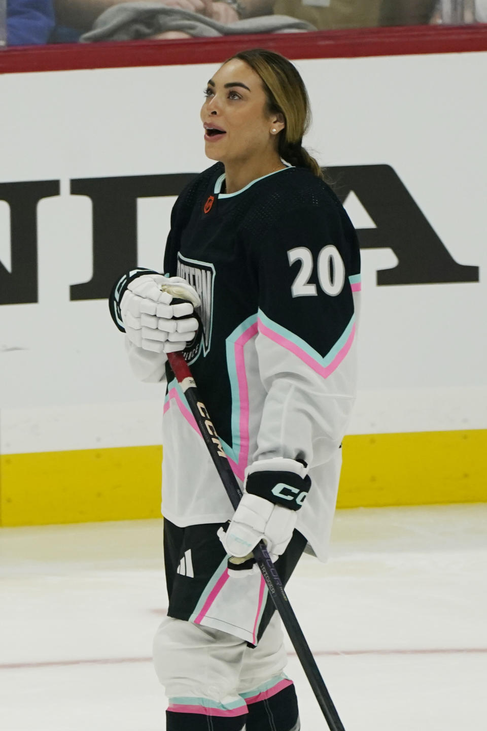 Canadian hockey player Sarah Nurse reacts after scoring a goal during the NHL All Star Skills Showcase, Friday, Feb. 3, 2023, in Sunrise, Fla. (AP Photo/Marta Lavandier)