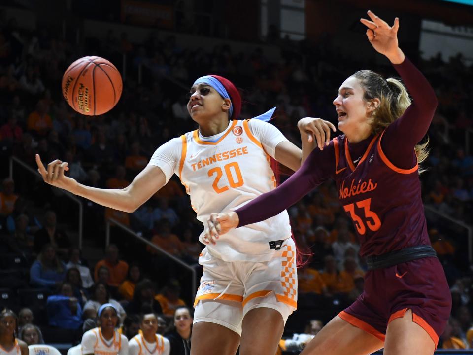 Tennessee center Tamari Key (20) gets the rebound over Virginia Tech center Elizabeth Kitley (33) during the NCAA college basketball game between the Tennessee Lady Vols and Virginia Tech Hokies in Knoxville, Tenn. on Sunday, December 4, 2022. 