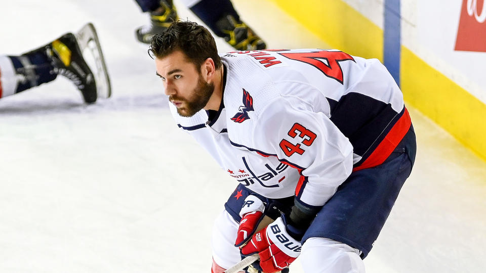 Tom Wilson is back in the crosshairs of NHL fans after an incident with Johnny Gaudreau. (Photo by Brett Holmes/Icon Sportswire via Getty Images)