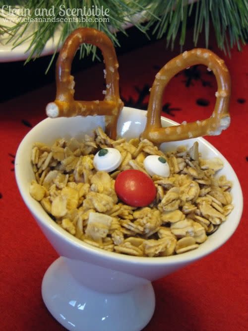 <p>Holiday breakfast for guests doesn’t have to be heavy to be comforting — and it doesn’t have to require the host to work tirelessly either. Instead, consider this simple yogurt parfait, topped with granola and garnished with pretzels to mimic the look of reindeer ears.</p><p><em><a href="https://www.cleanandscentsible.com/elf-on-shelf-welcome-breakfast/" rel="nofollow noopener" target="_blank" data-ylk="slk:Get the recipe from Clean and Scentsible »;elm:context_link;itc:0;sec:content-canvas" class="link ">Get the recipe from Clean and Scentsible »</a></em> </p>