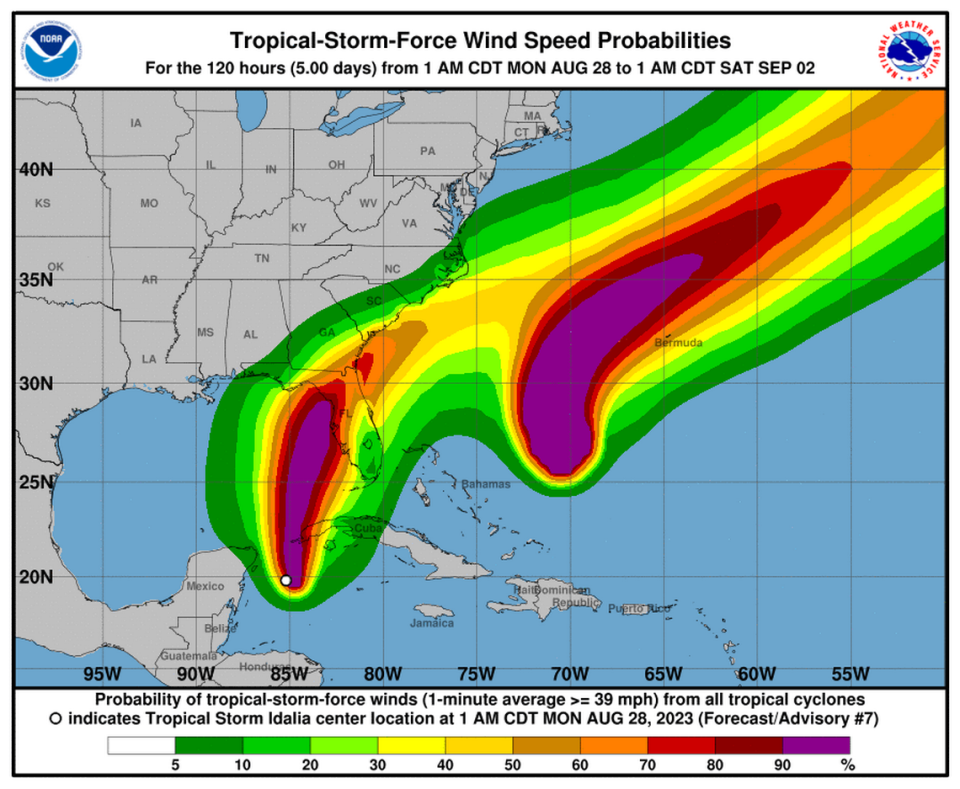 A NOAA map shows coastal North Carolina could get winds of up to 40 mph as Idalia moves past, beginning Wednesday night.