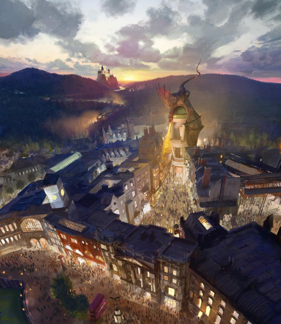 This artist rendering provided by NBC Universal shows the new Harry Potter-themed area of the Universal theme park in Orlando, Fla., planned for 2014, which was inspired partly by the fictional Diagon Alley from the Harry Potter books and movies. The area will be linked to the existing Wizarding World of Harry Potter attraction by a train called the Hogwarts Express. (AP Photo/NBCUniversal)