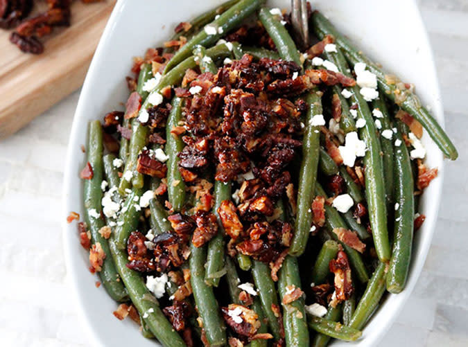 Dijon Maple Green Beans with Caramelized Pecans, Bacon and Feta