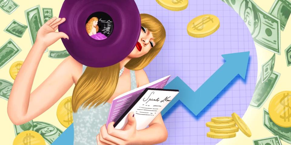 Illustration of Taylor Swift holding one of her Taylor's Version vinyls with coins, dollar bills, and an upwards trend arrow behind her