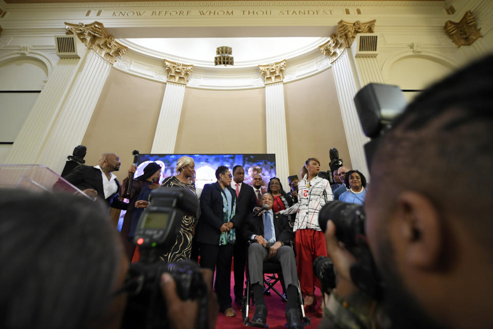 Rev. Jesse Jackson speaks while announcing that he is stepping down as the president at Rainbow PUSH Coalition Saturday, July 15, 2023, in Chicago. (AP Photo/Paul Beaty)