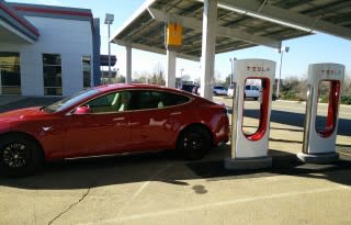 Tesla Supercharger site with photovoltaic solar panels, Rocklin, California, Feb 2015