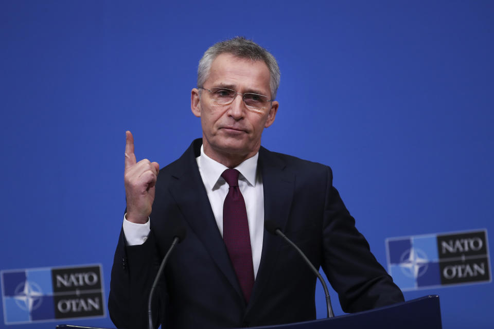 NATO Secretary General Jens Stoltenberg speaks during a media conference at NATO headquarters in Brussels, Tuesday, Feb. 11, 2020. (AP Photo/Francisco Seco)