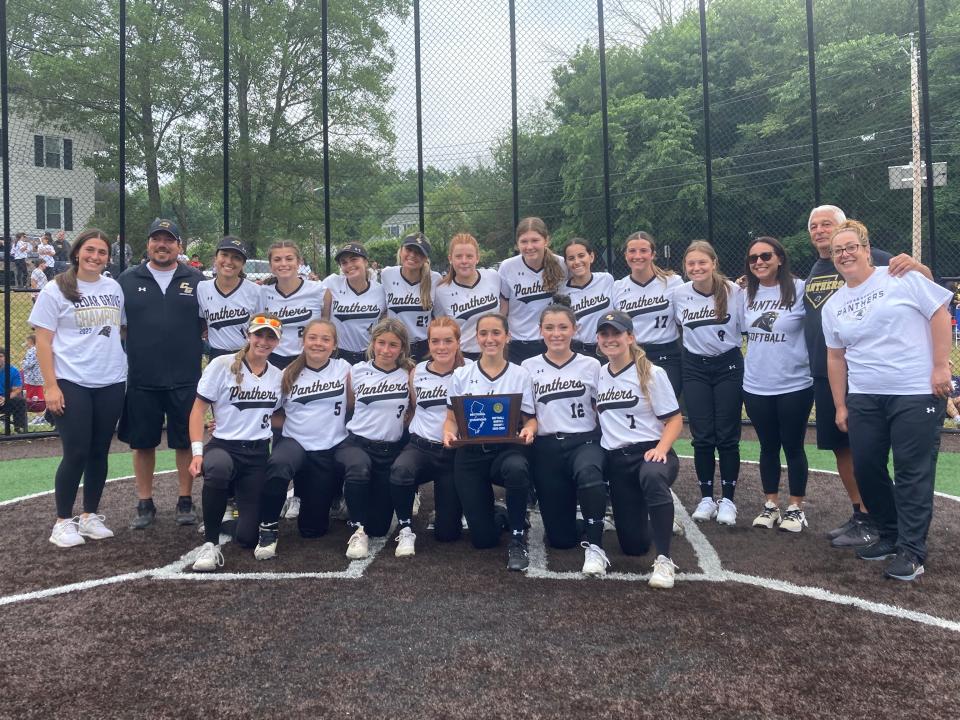 The Cedar Grove softball team celebrates after beating Emerson in the North 1, Group 1 championship game on Saturday, June 3, 2023.