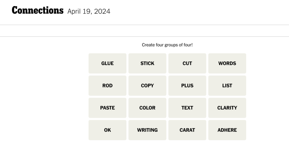 <em>Today's NYT Connections puzzle for Friday, April 19</em><em>, 2024</em><p>New York Times</p>