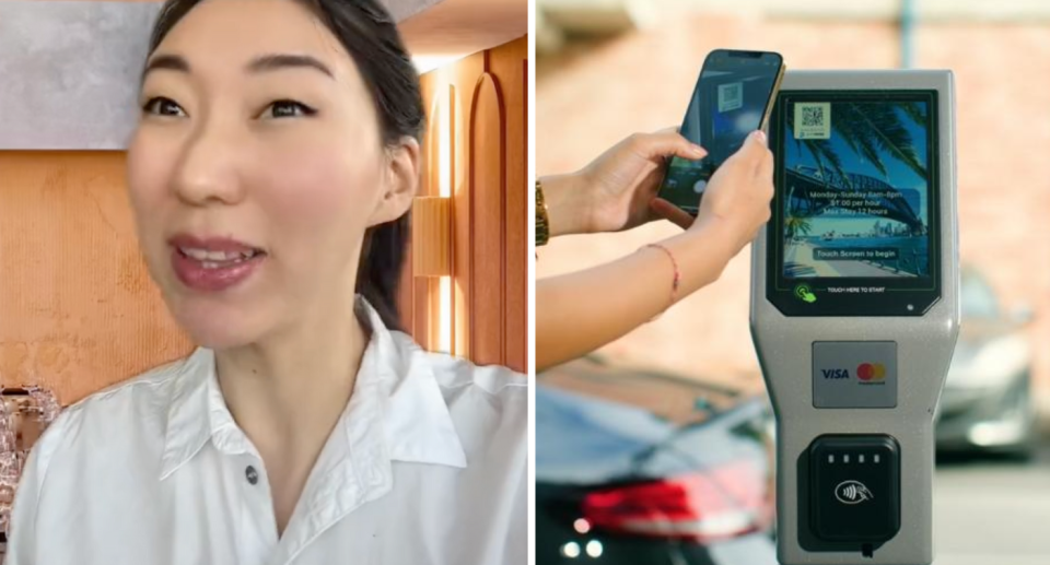 Woman talking in TikTok video next to person scanning parking meter with their phone