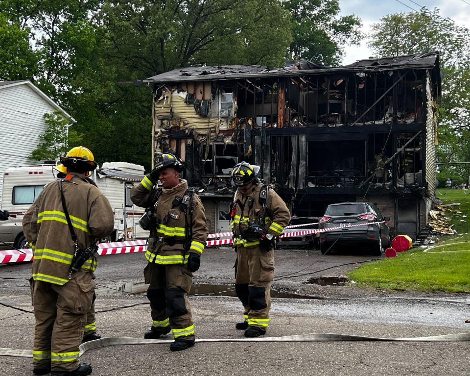 Firefighters battled a blaze Saturday afternoon at a duplex on Millvale Avenue NE in Plain Township. No one was injured.