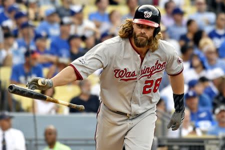 Los Angeles, CA, USA; Washington Nationals left fielder Jayson Werth (28) reacts after hitting a home run during the ninth inning against the Los Angeles Dodgers in game three of the 2016 NLDS playoff baseball series at Dodger Stadium. Mandatory Credit: Richard Mackson-USA TODAY Sports