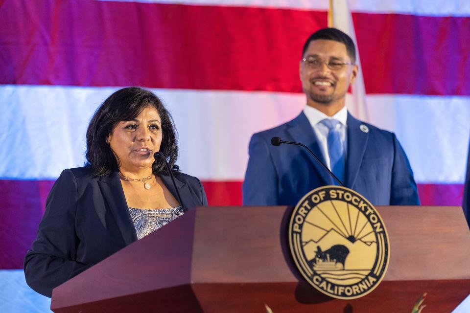 Gina Valadez-Bracamonte, Bread of Life founder, speaks to the attendees after receiving a key to the city by Mayor Kevin Lincoln during the 2023 State of the City on Thursday, May 18, 2023, at the Port of Stockton. The Bread of Life served 14,000 homes and distributed 24,000 grocery boxes in 2022.