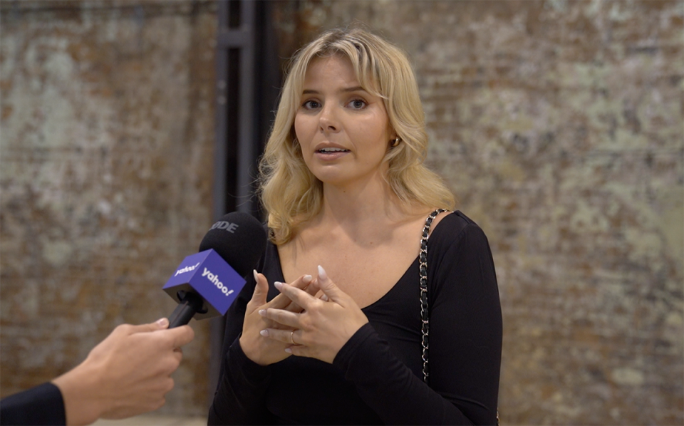 MAFS’ Olivia Frazer speaking into a Yahoo! microphone.