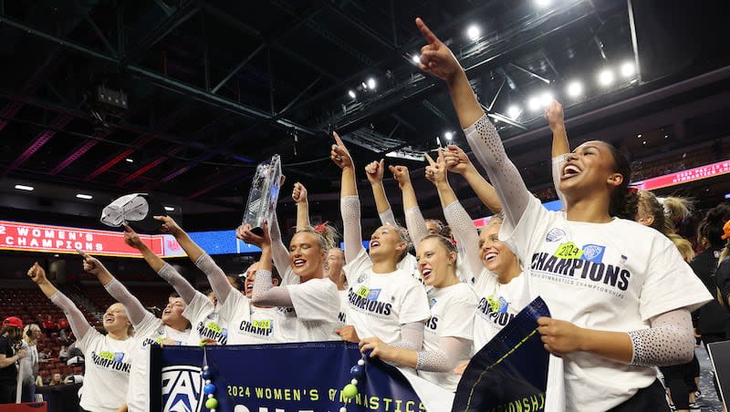 Utah celebrates its Pac-12 gymnastics championship at the Maverik Center in West Valley City on Saturday, March 23, 2024.