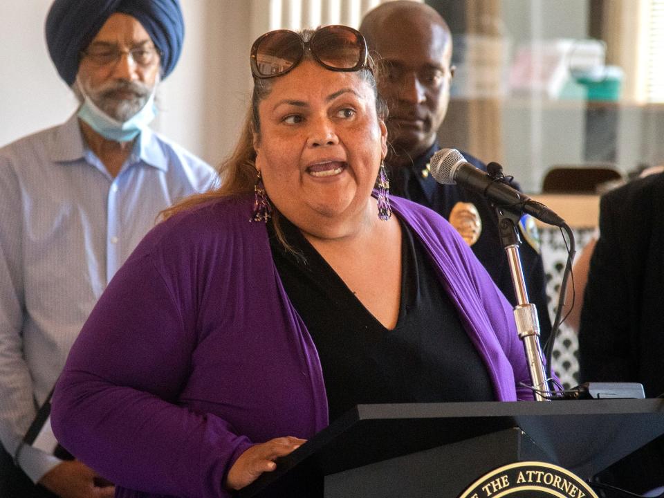 (6/28/22)San Joaquin Pride Center executive director Cymone Reyes speaks at a press conference after a hate crimes roundtable discussion with other community leaders at the Memorial Civic Auditorium in downtown Stockton on Tuesday, June, 28, 2022. CLIFFORD OTO/THE STOCKTON RECORD