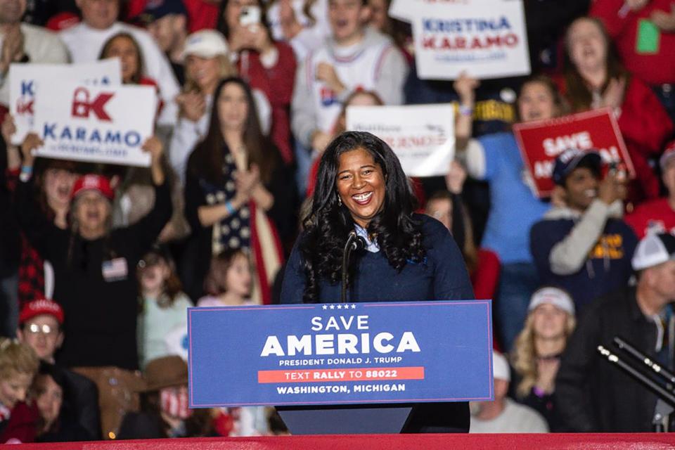 Kristina Karamo, Republican candidate for Michigan Secretary of State speaks at a Save America rally at the Michigan Stars Sports Center in Washington Township on April 2, 2022.