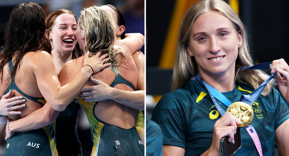 Mollie O'Callaghan gave her gold medal to teammate Jamie Perkins in a beautiful moment at the Paris Olympics. Pic: Getty