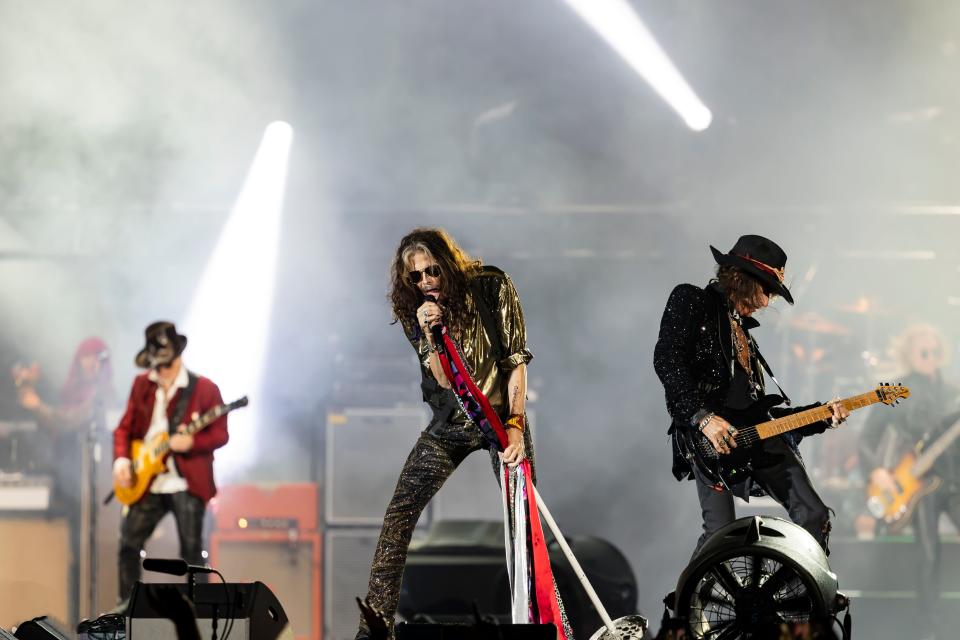 Aerosmith's Brad Whitford, Steven Tyler and Joe Perry perform on Thursday, Sept. 8, 2022, at Fenway Park in Boston.