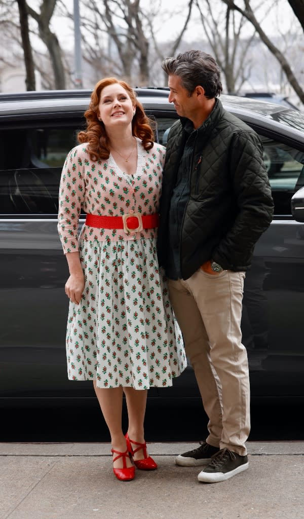 Adams and Dempsey on set of ‘Disenchanted’ on April 5 in NYC. - Credit: SteveSands/NewYorkNewswire/MEGA