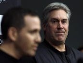 Howie Roseman, left, executive vice president of football operations of the Philadelphia Eagles NFL football team, answers a reporter's question alongside coach Doug Peterson during a news conference Tuesday Jan. 15, 2019, in Philadelphia. The Eagles lost to the New Orleans Saints on Sunday, ending their season. (AP Photo/Jacqueline Larma)