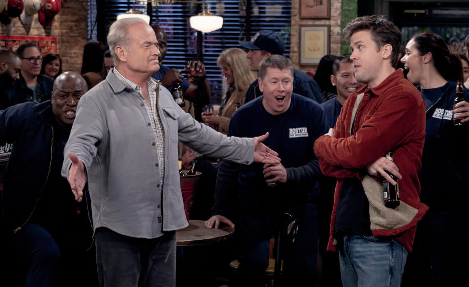 L-R: Kevin Daniels as Tiny, Kelsey Grammer as Frasier Crane, Jimmy Dunn as Moose and Jack Cutmore-Scott as Freddy Crane in Frasier, episode 2, season 1 streaming on Paramount+, 2023.   Photo credit: Chris Haston/Paramount+  TM & © 2023 CBS Studios Inc. Frasier and related marks and logos are trademarks of CBS Studios Inc. All Rights Reserved.