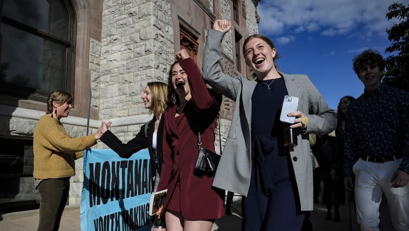 Youth plaintiffs in the climate change lawsuit, Held vs. Montana, arrive at the Lewis and Clark County Courthouse, on June 20, 2023, in Helena, Mont., for the final day of the trial. A Montana judge ruled in favor of young environmental activists, stating that fossil fuel development must consider climate change when considering fossil fuel projects.