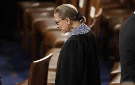 U.S. Supreme Court Associate Justice Ruth Bader Ginsburg arrives to watch U.S. President Barack Obama's State of the Union address to a joint session of the U.S. Congress on Capitol Hill in Washington, January 20, 2015. REUTERS/Joshua Roberts/File Photo - RTSHXMG