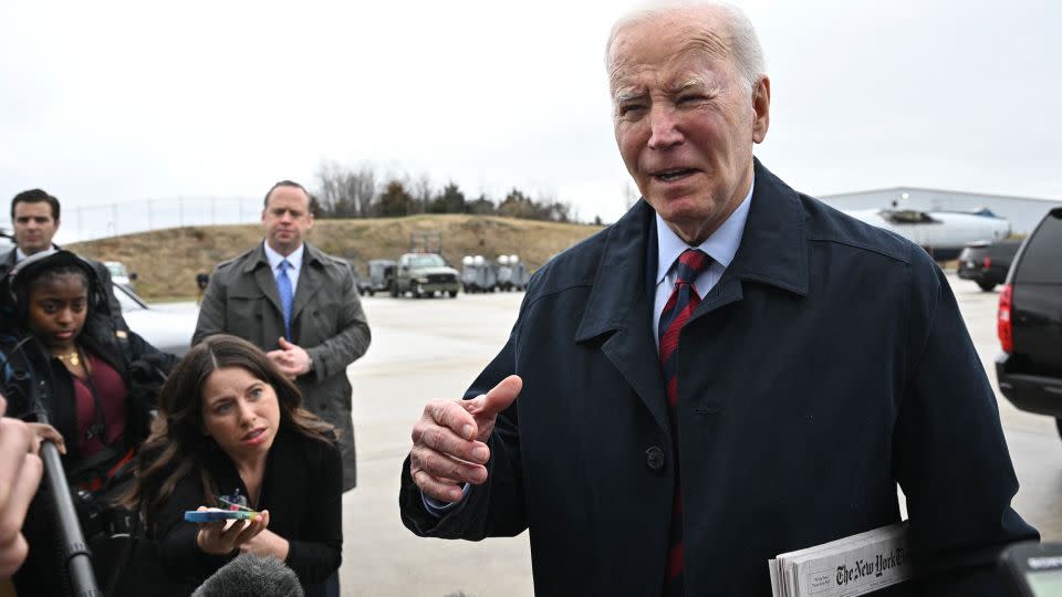 US President Joe Biden speaks to reporters before boarding Air Force One at Hagerstown Regional Airport in Hagerstown, Maryland, on March 5. - Mandel Ngan/AFP/Getty Images