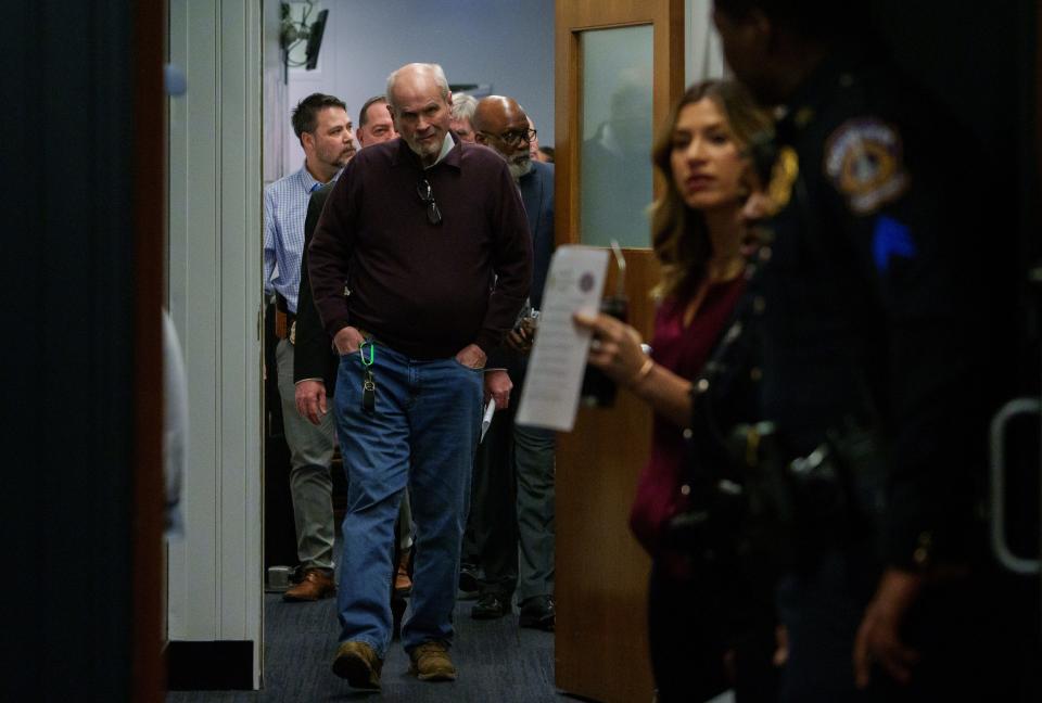 Retired Lt. Steve Gibbs, who reopened the Slasher case in 1990, enters the City-County Building in Indianapolis on Thursday, Jan. 18, 2024. "I never liked defeat," he said.