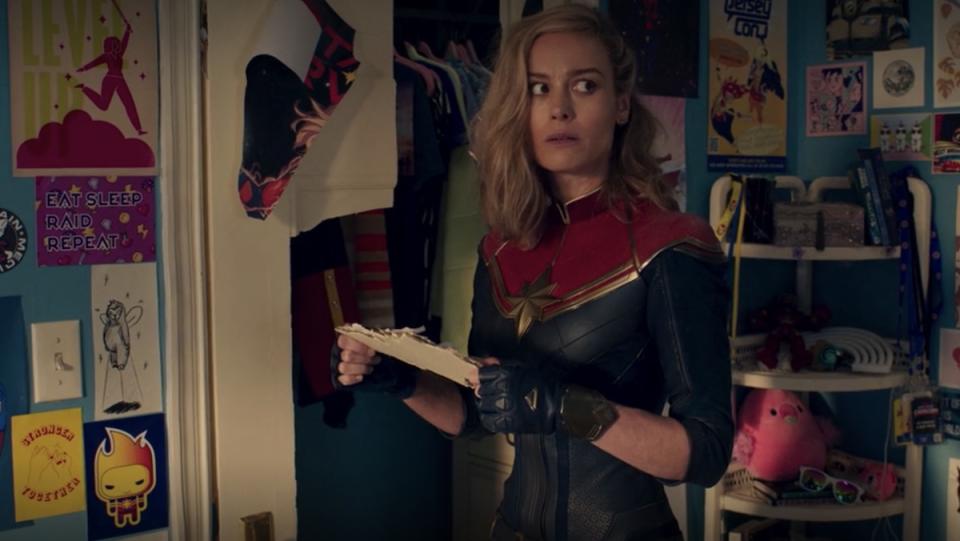 Carol Danvers looks shocked in Kamala's room on Ms. Marvel