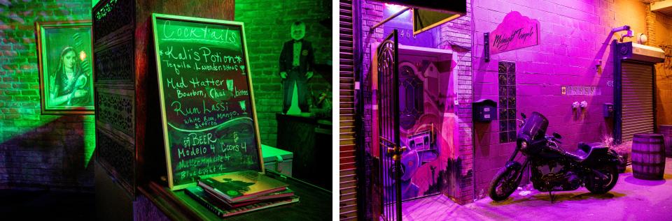 LEFT: A cocktail list inside of Midnight Temple in Detroit on Tuesday, Feb. 6, 2024. RIGHT: The front entrance of Midnight Temple located in Detroit's Eastern Market.