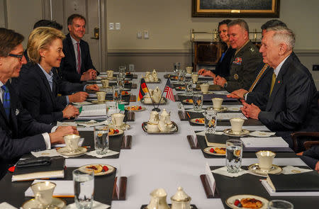 U.S. Defense Secretary Jim Mattis (R) welcomes German Defense Minister Ursula von der Leyen (2nd L) at the Pentagon in Arlington, U.S., February 10, 2017. REUTERS/Mary F. Calvert