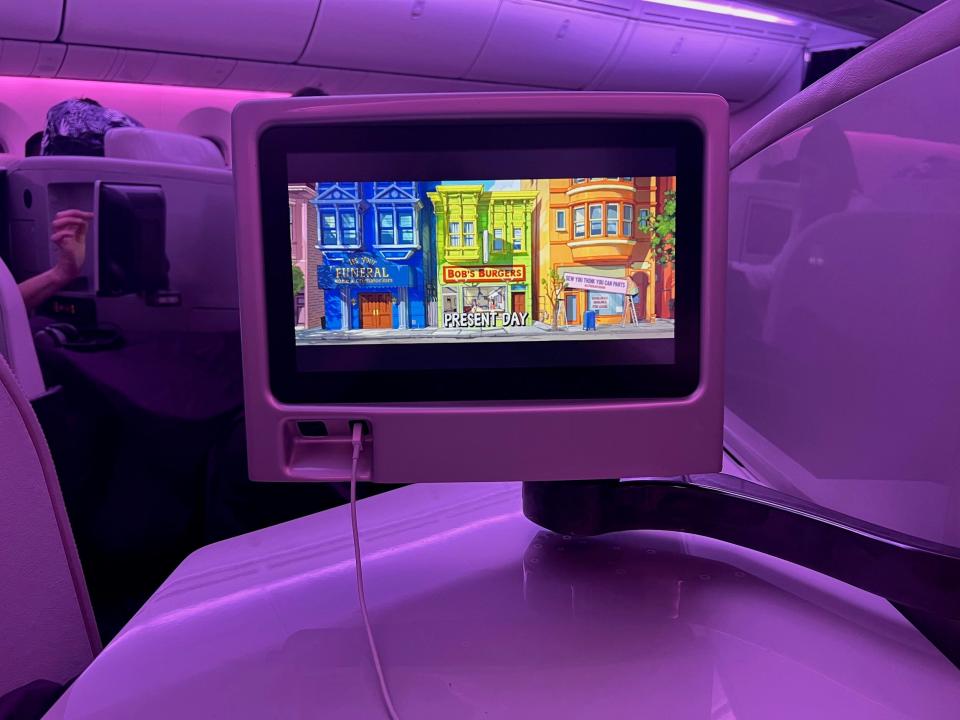 "Bob's Burgers" playing on the 12.1 inch TV available on in Air New Zealand's business class seats.