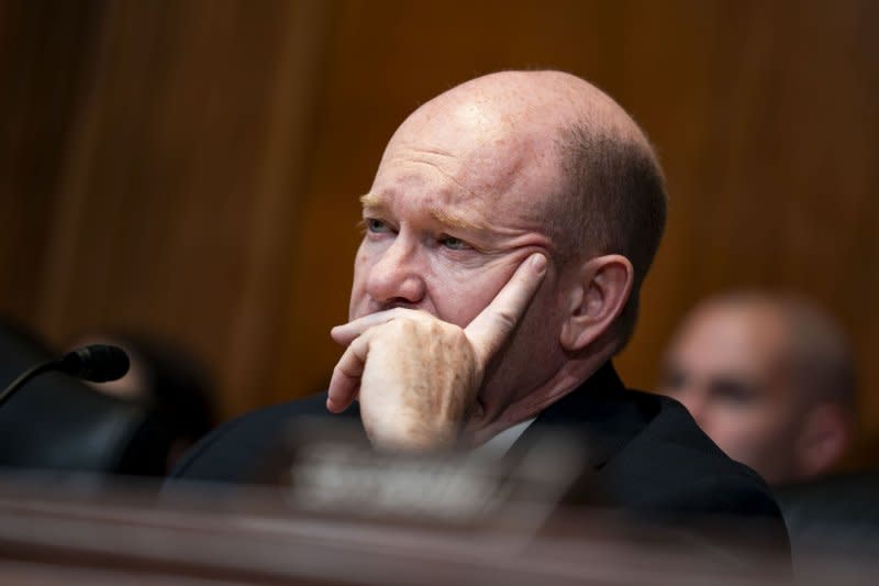 Sen. Chris Coons, D-Del., looks on as Secretary of State Antony Blinken speaks during a Senate Appropriations Subcommittee on State, Foreign Operations and Related Programs hearing Tuesday. Photo by Bonnie Cash/UPI